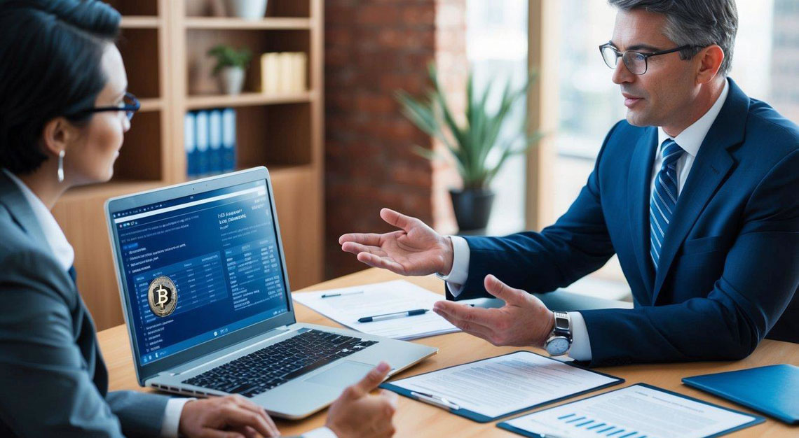 A criminal defense lawyer in Arizona speaking with a client about crypto cases, with legal documents and a computer displaying cryptocurrency transactions