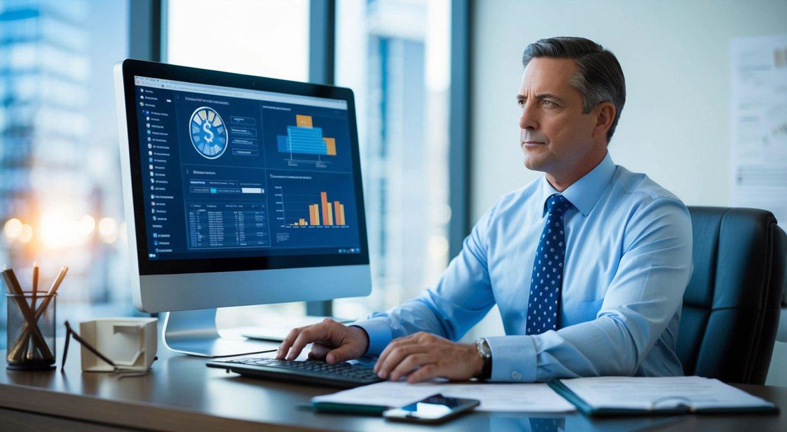 A criminal defense lawyer in Arizona sits at a desk with a computer, analyzing cryptocurrency transactions and legal documents