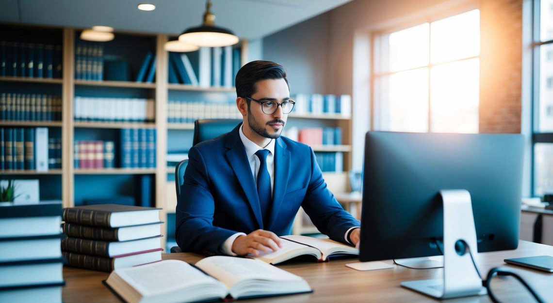 A lawyer researching cryptocurrency laws in a modern office with legal books and computer screens